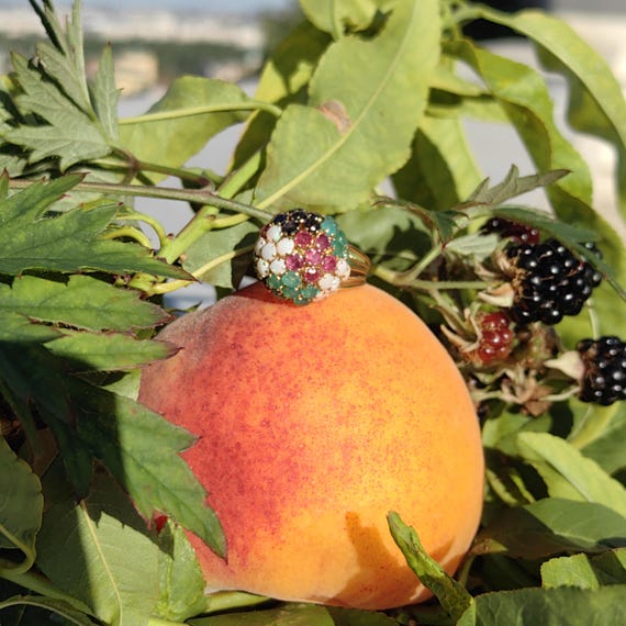 14k Gold Multi-Stone Bombe Ring: Emerald, Ruby, O… - image 6