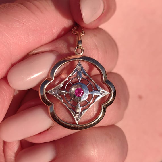 Art Nouveau Diamond Ruby Pendant 18k Solid Yellow… - image 7