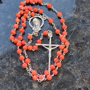 1930s Antique Coral Rosary Necklace: Silver Madonna, Jesus on Cross