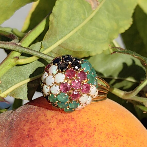 14k Gold Multi-Stone Bombe Ring: Emerald, Ruby, O… - image 3