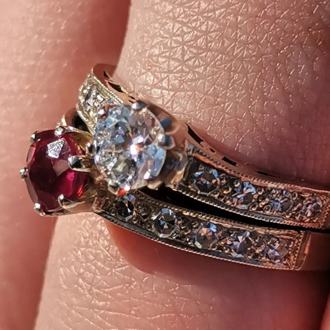 Bague 'Toi Et Moi' Art Déco Or 18k Avec Opale Et Rubis Synthétique (années 1940) - Occasion Taille 50