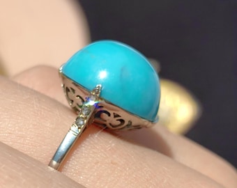 1920s Art Deco 18K White Gold Natural Blue Turquoise Diamond Ring, French Hallmark Antique Statement Engagement Jewelry