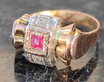 Art Deco 1920s Antique Vintage Ruby and Diamond 18k Hallmarked Yellow and Gold Ring