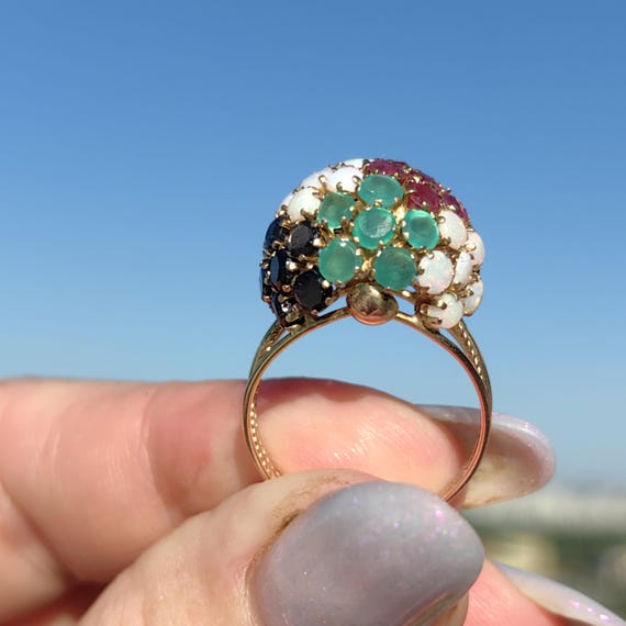 14k Gold Multi-Stone Bombe Ring: Emerald, Ruby, O… - image 9