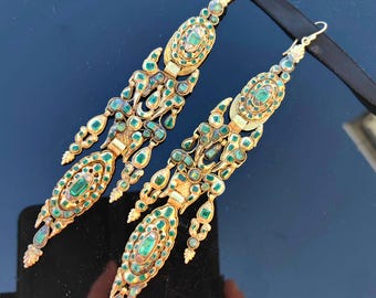 Antique 1700 Rococo earrings Spanish Emerald Solid 18k Gold Vintage Long Dangle Massive Earrings baroque emerald gold chandelier earrings