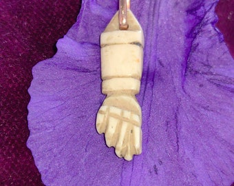 Victorian Bone and Solid Yellow 14k Gold Hand Carved Fist Fortune Pendant Charm
