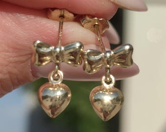 Vintage 14K Gelbgold Bogen Herzförmige zierliche Ohrringe Romantische Ohrstecker baumeln zurück Verschluss Tropfen Ohrringe