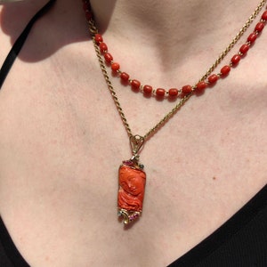 Art Deco Antique Vintage Coral Diamond and Ruby Gold Hand Carved Pendant