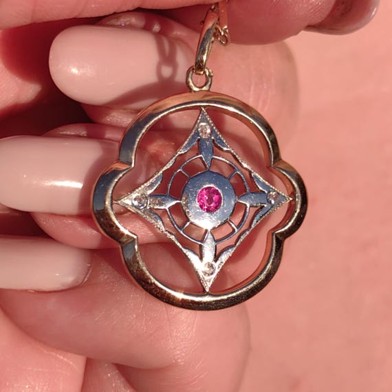 Art Nouveau Diamond Ruby Pendant 18k Solid Yellow… - image 1