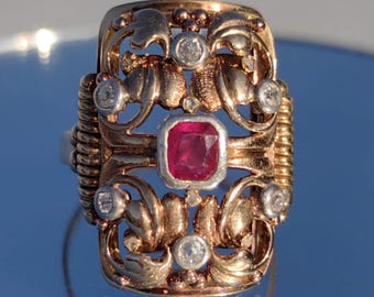 Vintage Art Deco 1920s Natural Red Ruby Diamond Ring Antique 14k Solid Yellow Gold Statement Ring Gift for Her