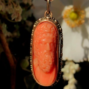 Victorian Coral Hand Carved Cameo Gemma Men Gold Pendant, 14k Yellow Gold Pendant,  ancient Greek Roman Antique Hand Carved Portrait 1880s