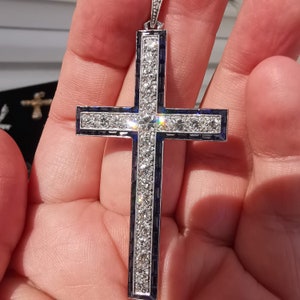1920s Art Deco Huge 7cm high Platinum Catholic Cross Pendant  Antique  Old European Cut Diamond VVS, colG: 2.25ct  Natural Sapphire 1.4ct