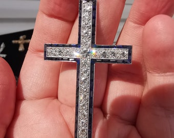 1920s Art Deco Huge 7cm high Platinum Catholic Cross Pendant  Antique  Old European Cut Diamond VVS, colG: 2.25ct  Natural Sapphire 1.4ct