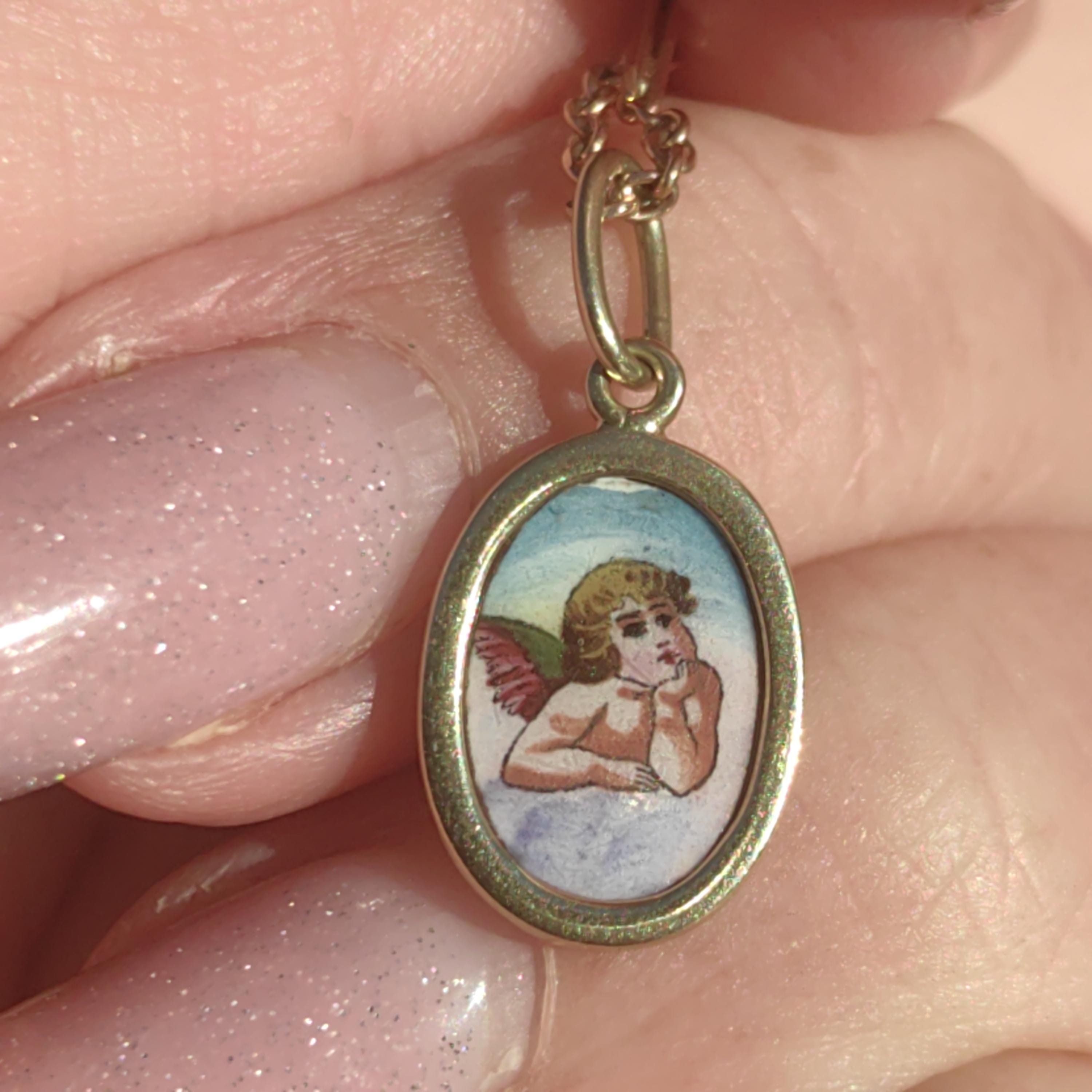 14k Solid Gold Angel Hand Painted Fire Enamel Charm, Prayer Hungarian God Protect Victorian Antique Vintage Christian Catholic Medal Pendant