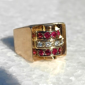 French 18k Art Deco Tank Ring Ruby Diamond Solid Hallmarked Yellow Gold Chevallier Massive Statement  Ring, 1920s Antique Vintage Gift