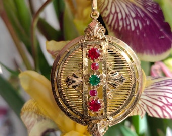 Victorian 1880s 14k Solid Yellow Gold Emerald and Ruby 9.4 gr Statement Pendant