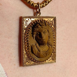 Antique Hand Carved Lava Cameo Pendant: 14k Solid Gold Framed Relief