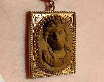 Antique Hand Carved Lava Cameo Pendant: 14k Solid Gold Framed Relief