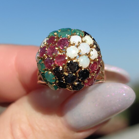 14k Gold Multi-Stone Bombe Ring: Emerald, Ruby, O… - image 5