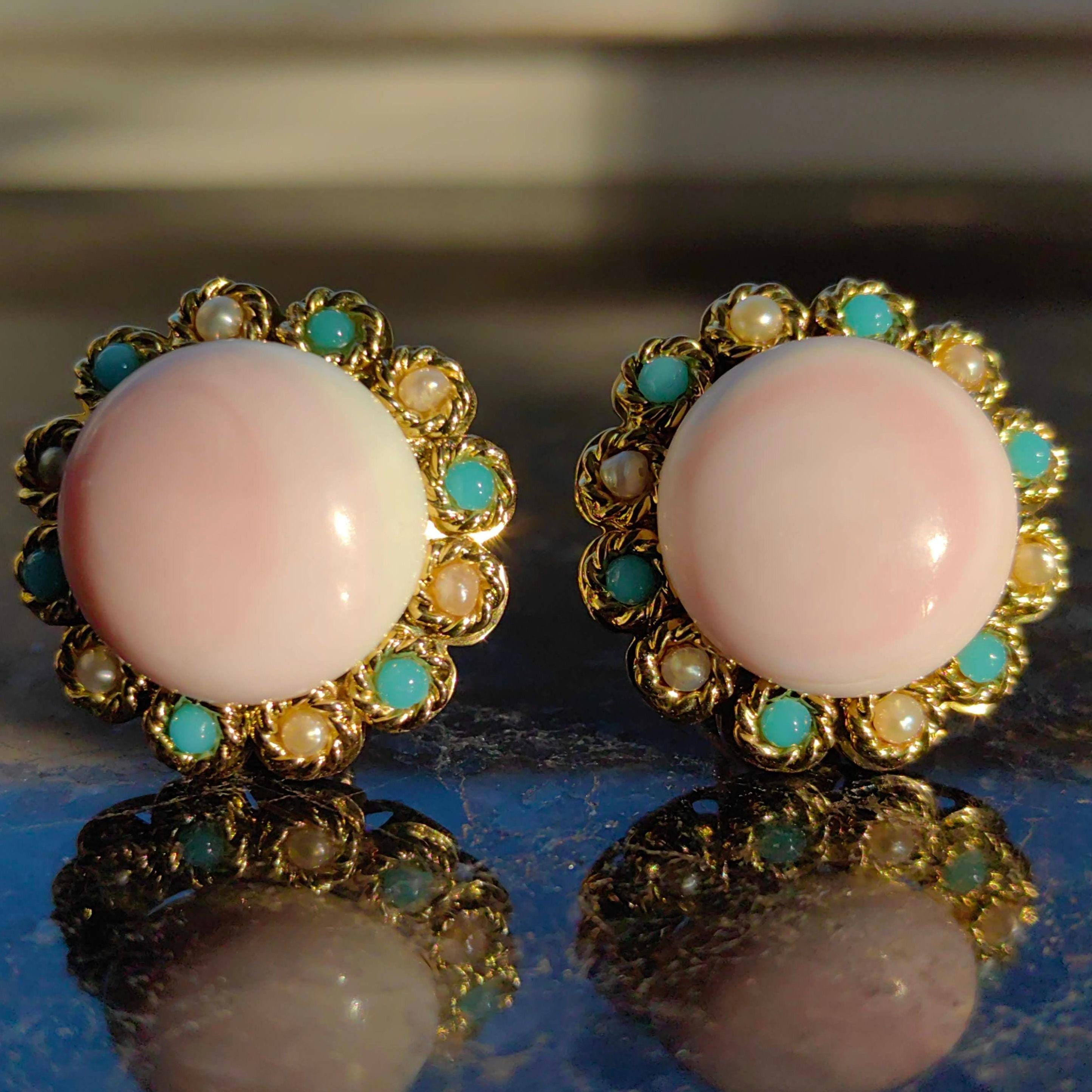 Vintage 1960 Angel Skin Large Coral Turquoise Pearl Solid