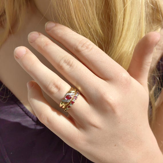 18k Yellow Gold Ruby Diamond Ring - Stackable Wed… - image 5