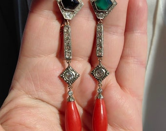 Mediterranean Coral Onyx and Diamond Solid 14k Yellow Gold Art Deco Antique Vintage Earrings from the 1920s
