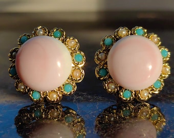 Vintage 1960s Angel Skin Coral Turquoise and Pearl Statement Round Stud Earrings