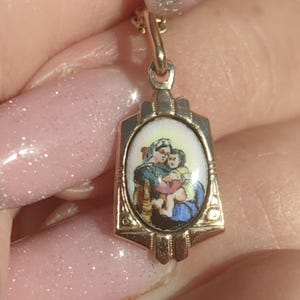 14k Gold Virgin Mary Madonna with Jesus Pendant Antique 1900s Art Nouveau  Hallmarked Vintage Hand painted Enamel Gift