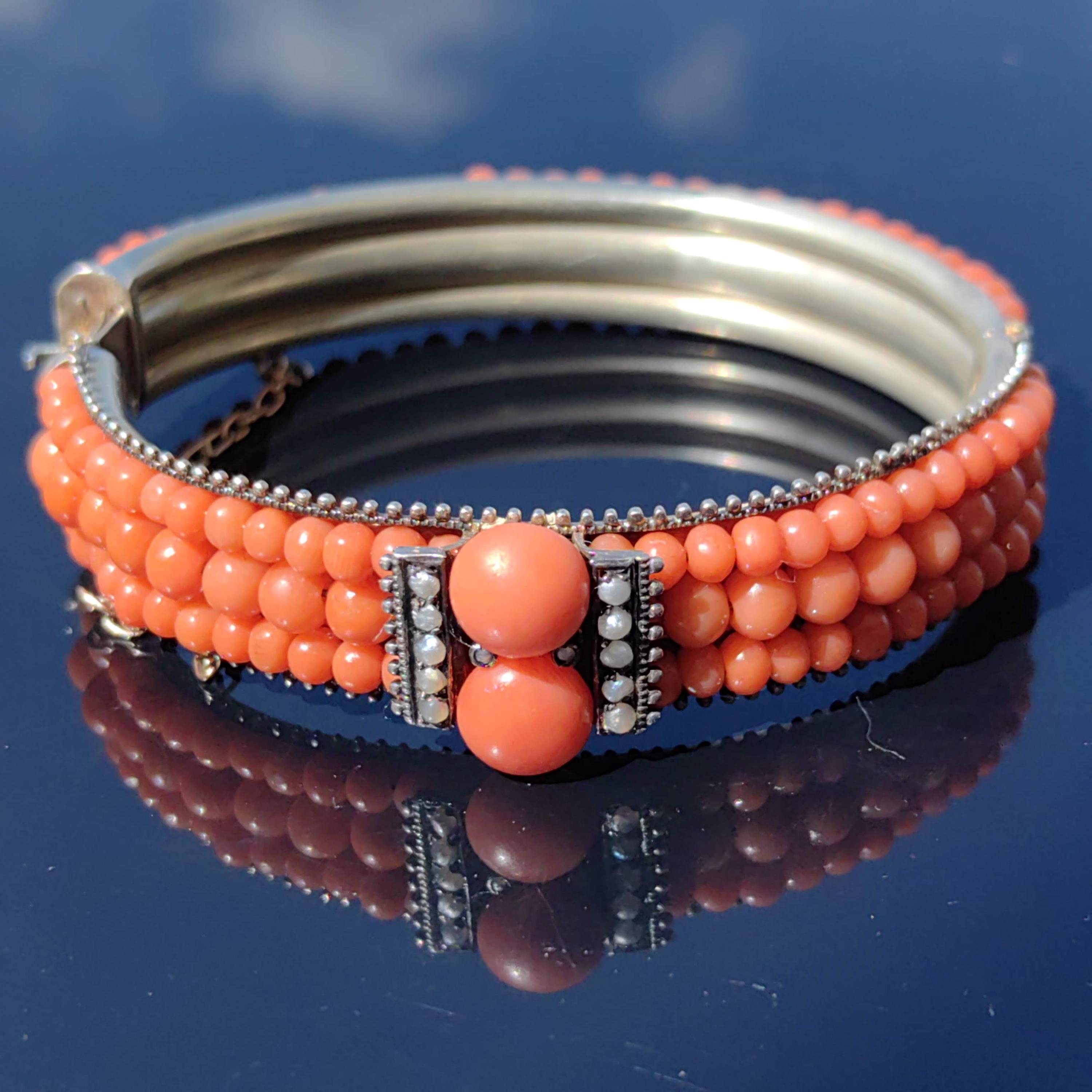 Victorian 800 Silver Coral Bangle Bracelet: Pearl Accent Statement