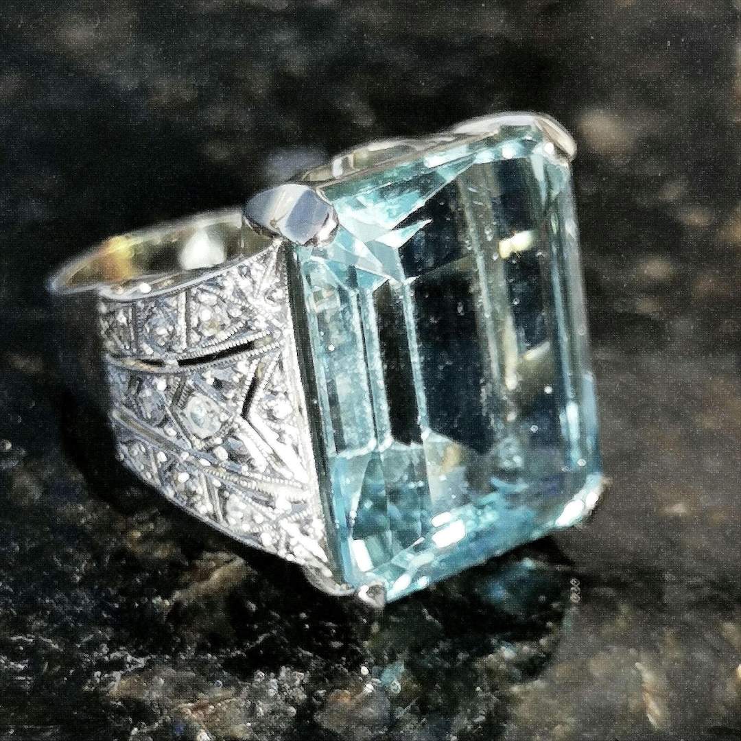 Antique Art Deco Aquamarine Diamond Ring: 18k Gold & Platinum - Etsy