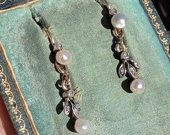Natural Pearl and Diamond 1900s Art Nouveau Vintage 14K Solid Yellow Rose Gold Dangle Drop Elegant Dainty Feminine Earrings Gift for Her