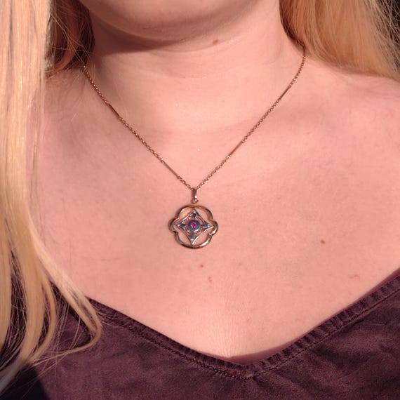 Art Nouveau Diamond Ruby Pendant 18k Solid Yellow… - image 5