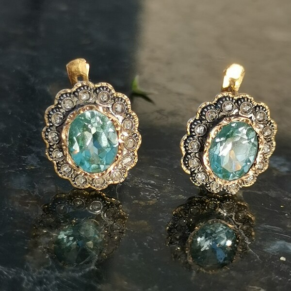 Vintage 1940s Rose Diamond and Lab Grown Aquamarine 19.2k Hallmarked Solid Yellow Gold and Silver Setting 4.90 grams Stud Statement Earrings