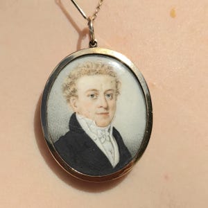 Antique 1800s Vintage Miniature European Elegant Floral Hand Painted Miniature Mens Portrait Pendant Gift Present Hair Pendant