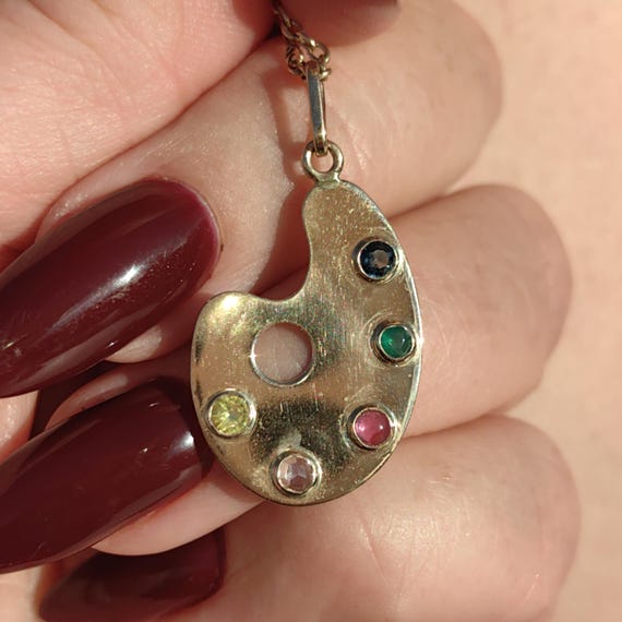 Vintage Solid Hallmarked Gold Paint Colourful Eme… - image 8