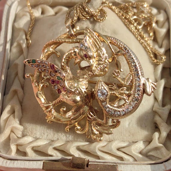 Diamond Emerald Ruby Solid 18k Yellow Gold Griffi… - image 4