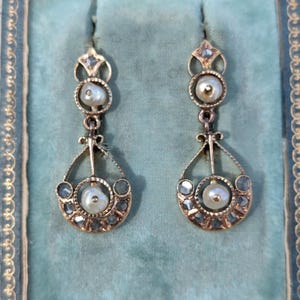 Antique 18k Gold Pearl Rose Cut Diamond Earrings: Victorian Dangle Drop