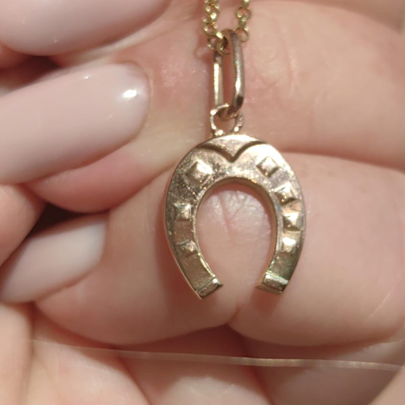 May include: A gold-colored horseshoe pendant with a textured surface, hanging from a delicate gold chain. The horseshoe charm has a classic U-shape with decorative diamond-shaped accents. The pendant is a symbol of good luck and is suitable for everyday wear.