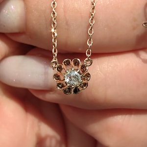 Old cut Diamond Victorian necklace Solid 14k Yellow Gold  Edwardian Vintage Antique 1900s chain solitaire diamond pendant delicate gift