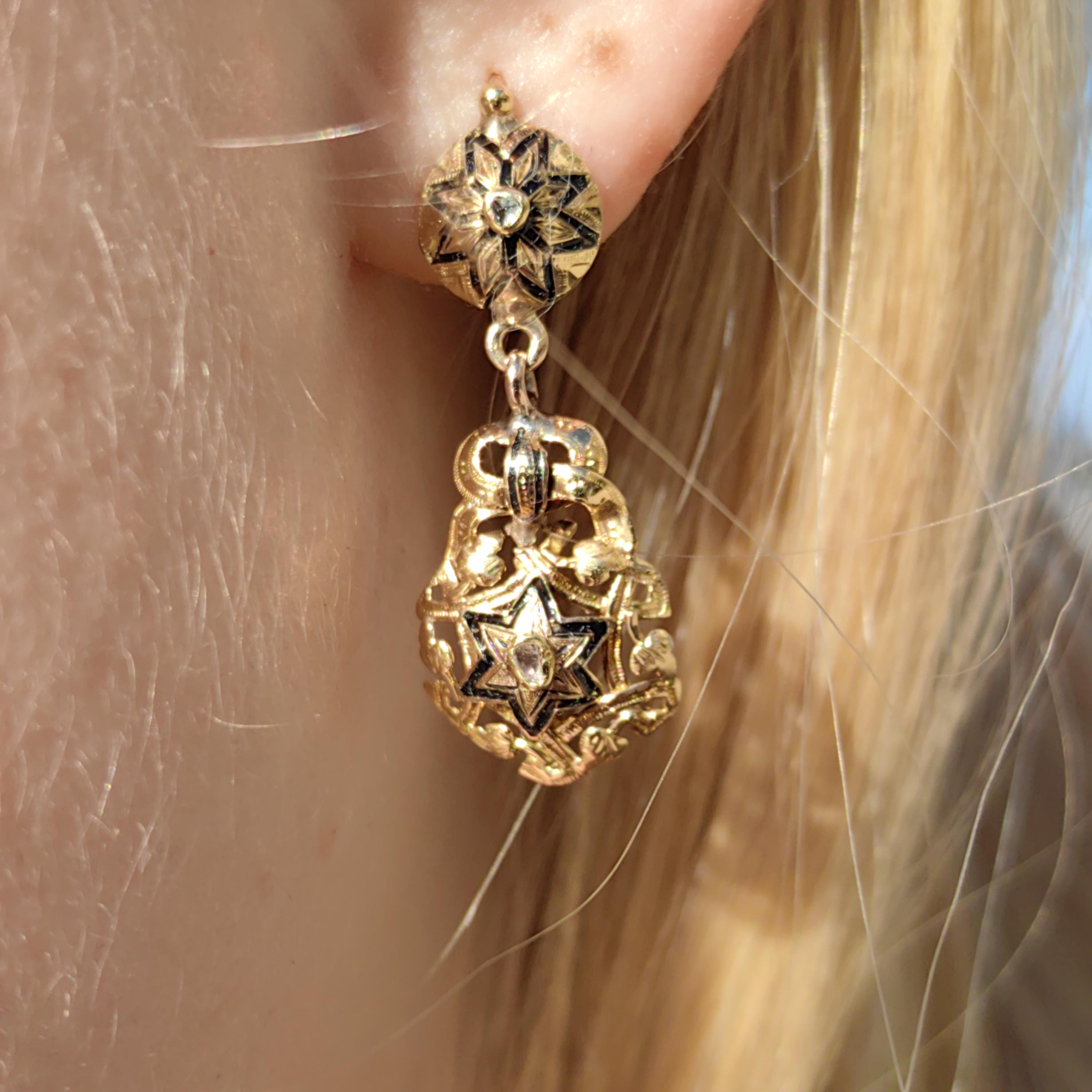 Victorian 1870s 18k Diamond Solid Yellow Gold David Star Hand Painted Black Enamel Judaica Dangle Drop Earrings Gift for Her wife girl