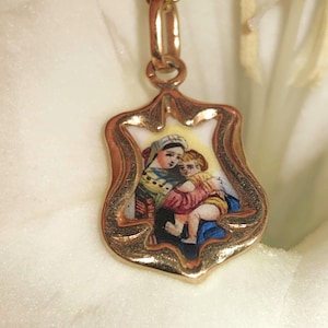 Antique 1900s Art Nouveau Austrian-Hungarian Hallmarked Vintage Hand painted Enamel 14k Gold Virgin Mary Pendant.