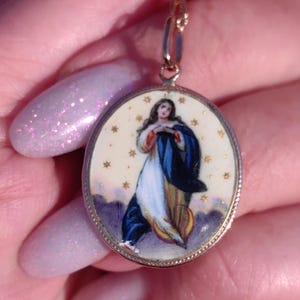 14k Solid Gold Virgin Mary Madonna Star Pendant Antique 1900s Art Nouveau Hallmarked Vintage Hand painted Enamel Medal Charm Gift
