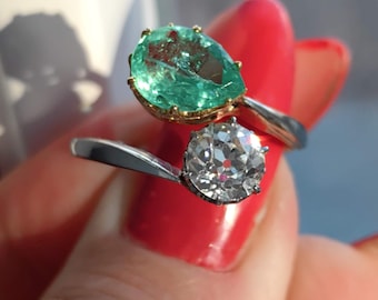 Edwardian Colombian Emerald Diamond Ring: 18k White Gold Antique Engagement Band