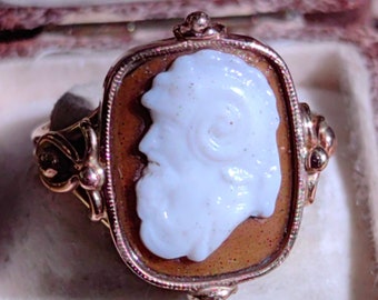 1900s Antique Vintage Shell Cameo Portrait Hallmarked 14k Solid Gold Ring