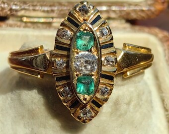 1870s Original Victorian Biedermeier Emerald Diamond Black Enamel Solid 18k yellow Gold Marquise Georgian engagement Ring hallmarked