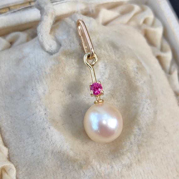 18k Solid yellow Gold  Natural Ruby Pearl Pendant… - image 3