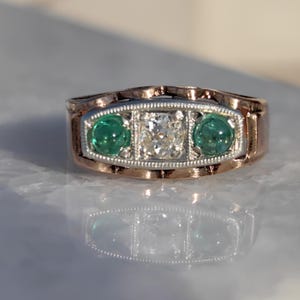 Natural Diamond and Emerald Bezel Setting Solid 14k Yellow Gold Unisex Alliance Ring Art Deco 1920s Antique Statement Ring