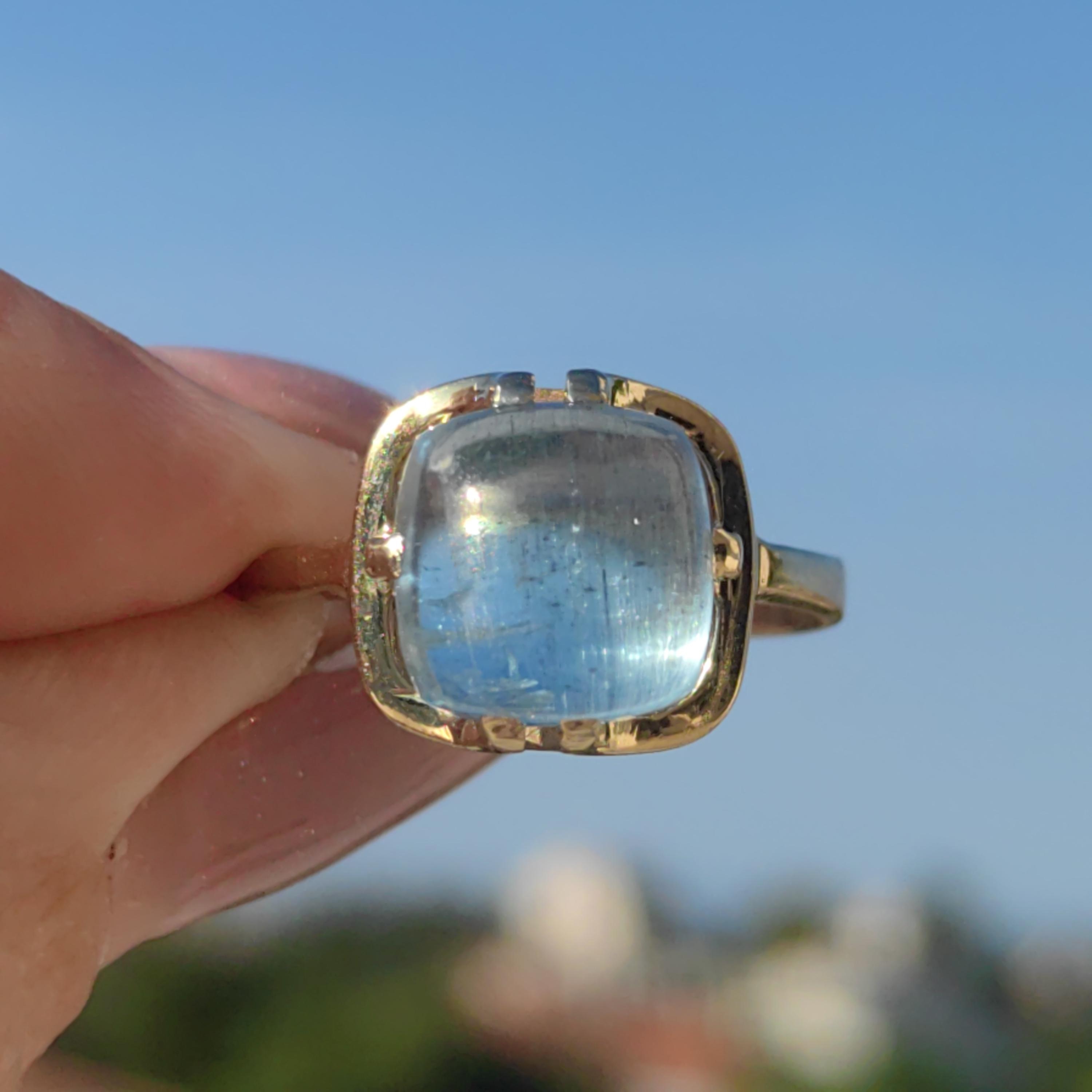 Art Deco Aquamarine Ring: 8k Yellow Gold Geometric Band