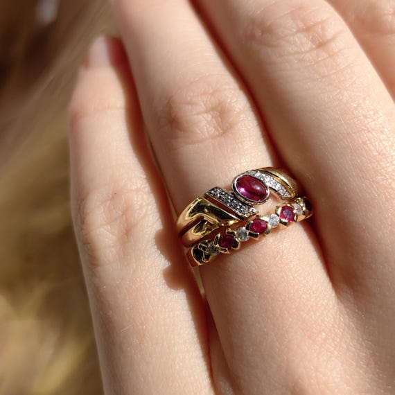 18k Yellow Gold Ruby Diamond Ring - Stackable Wed… - image 3