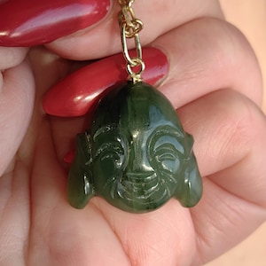 Chinese Green Jade Buddha Pendant, Hand Carved Jade and Solid Yellow Gold Buddhist Charm Pendant